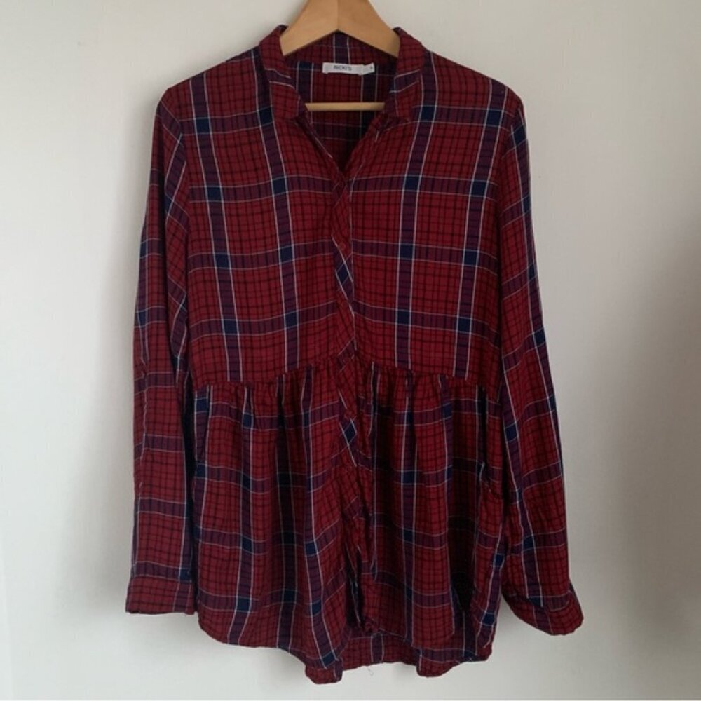 Rickis Burgundy Plaid Babydoll Peplum Shirt Blouse - Picture 2 of 8